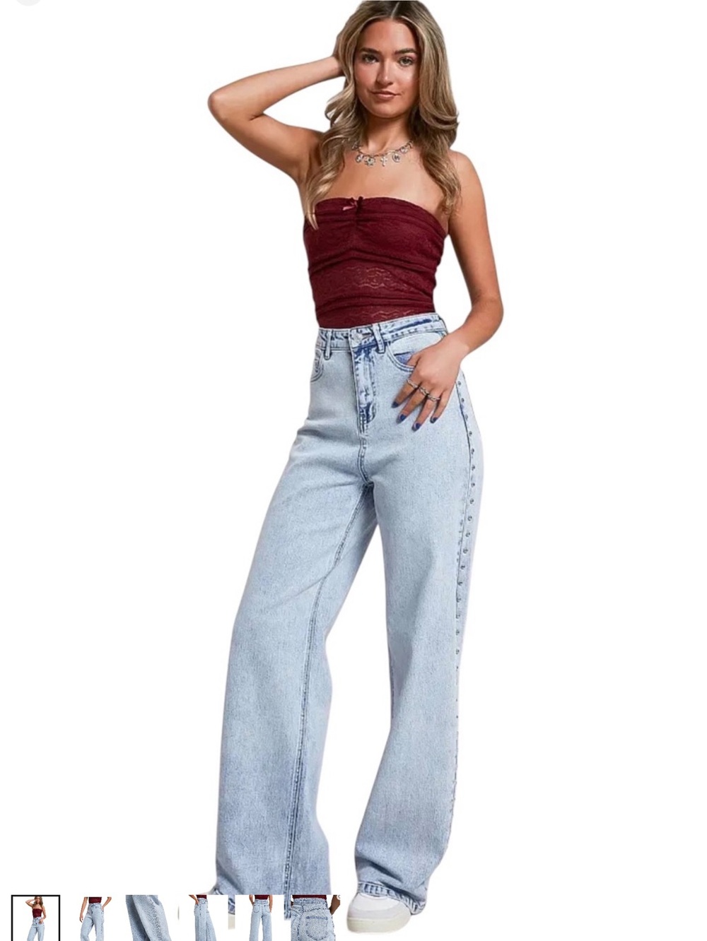 NEW blue b Light Wash Washed Ultra High Rise Wide Leg Silver Stud Denim Jeans